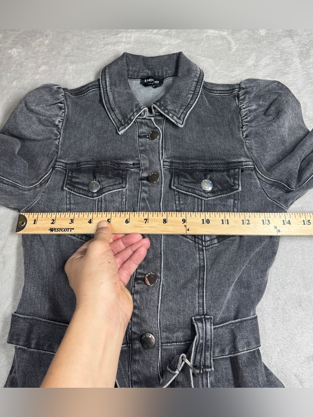 Bebe Puff Sleeves Faded Black Denim Jean Buttoned Belted Mini Dress Size 2 - Picture 8 of 16